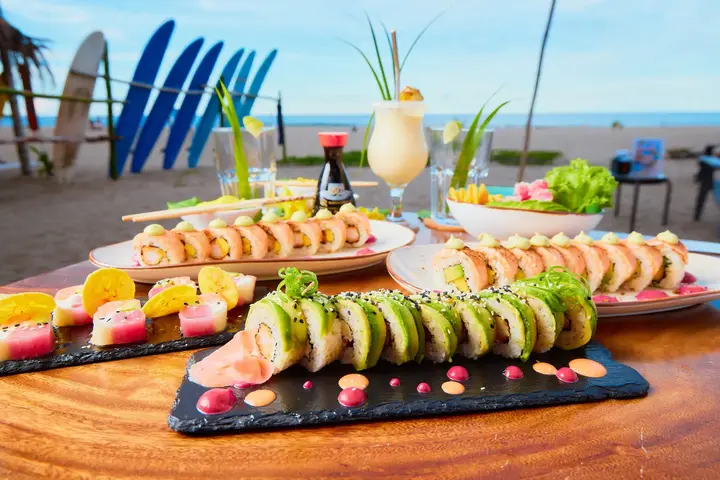 Gourmet Sushi Roll plate with ocean view